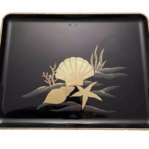 Black Lacquer Otagiri Japan Decorative Seashell Serving Rectangular Tray VNTG
